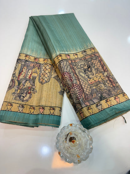 Spider Silk Saree with Folk Art Print Border and Tassel Pallu