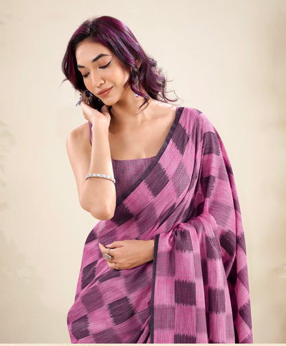 linen silk saree with checked pattern and floral border – lightweight ethnic wear for women