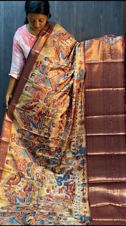 Banarasi Soft Silk Saree with Kalamkari Block Print and Zari Weaving – Party Wear for Women