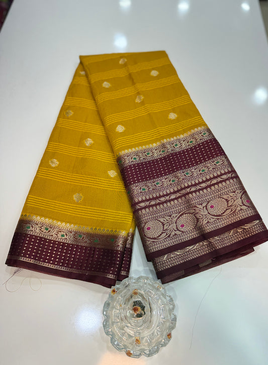 Banarasi semi georgette silk saree with gold zari weaving, meenakari big border and buti design for women