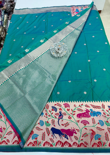 Paithani printed soft silk saree with zari-style border and contrast blouse for women