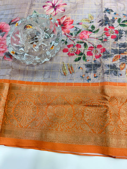 Printed handloom georgette saree for women with woven border and floral design