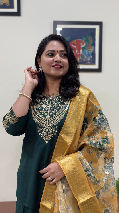 Vertican Silk Straight Cut Kurta Pant Dupatta Set with Organza Digital Print Dupatta – Sizes XL to 3XL