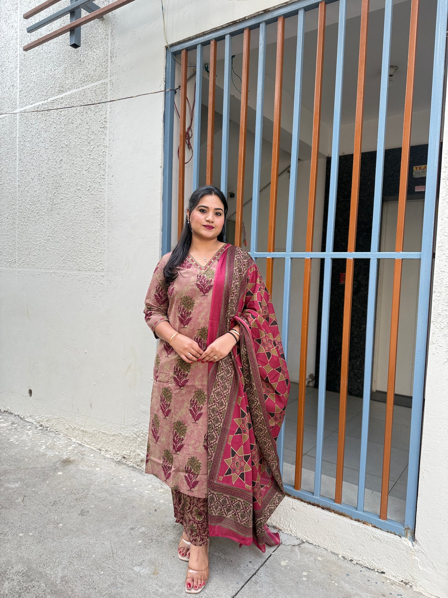 Cotton Printed Kurta Pant Dupatta Set for Women – Traditional Floral Design – Sizes 38–46