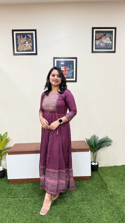 Rayon Foil Print Anarkali Gown with Embroidered Neck and Belt – Liva Tag – Sizes M to 3XL