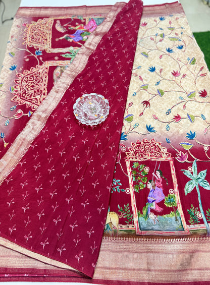 Pure Crepe Silk Saree with Digital Print and Zari Border – Elegant Festive and Wedding Saree for Women