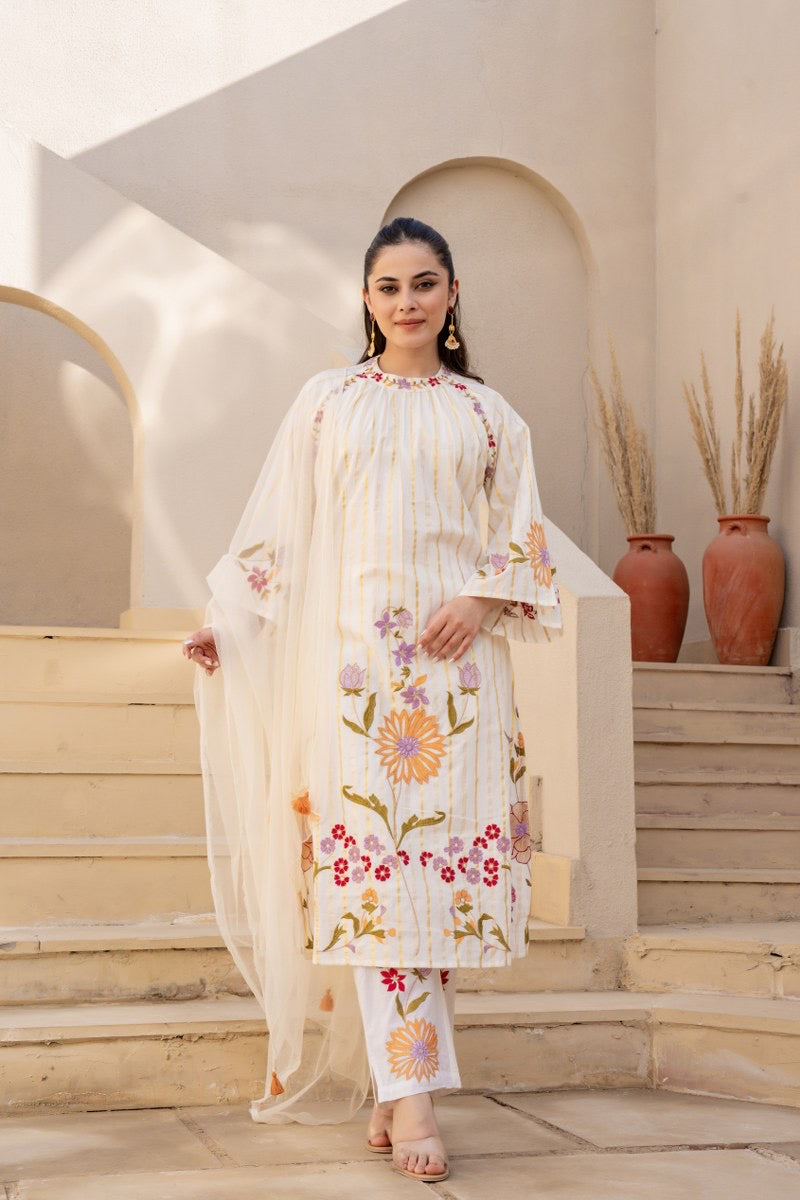 Pure Cotton Embroidered Kurta Pant Dupatta Set for Women – Available in Two Colors