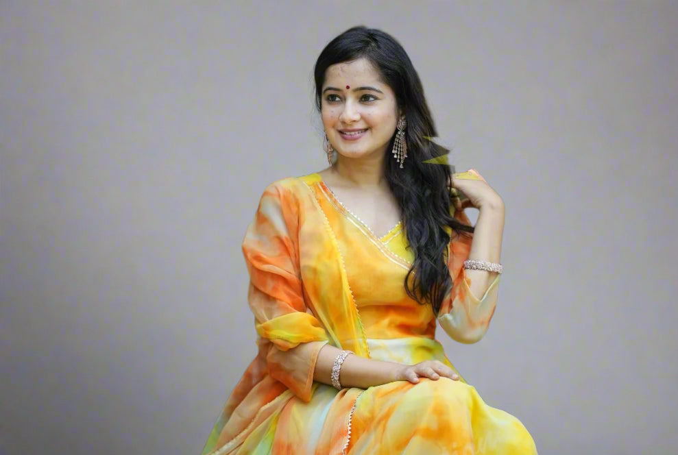 Pastel Chiffon Marble Print Anarkali Kurta Pant Dupatta Set with Gotta Tassels – Women’s Sizes 38 to 44