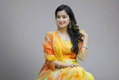 Pastel Chiffon Marble Print Anarkali Kurta Pant Dupatta Set with Gotta Tassels – Women’s Sizes 38 to 44