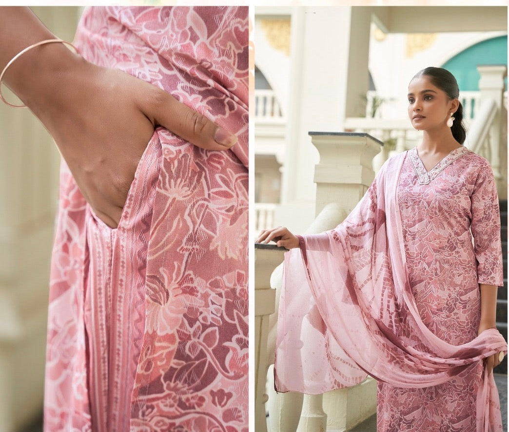 Bamboo Fabric Dobby Foil Print Straight Cut Kurta Pant Dupatta Set with Embroidery – Sizes XL to 3XL