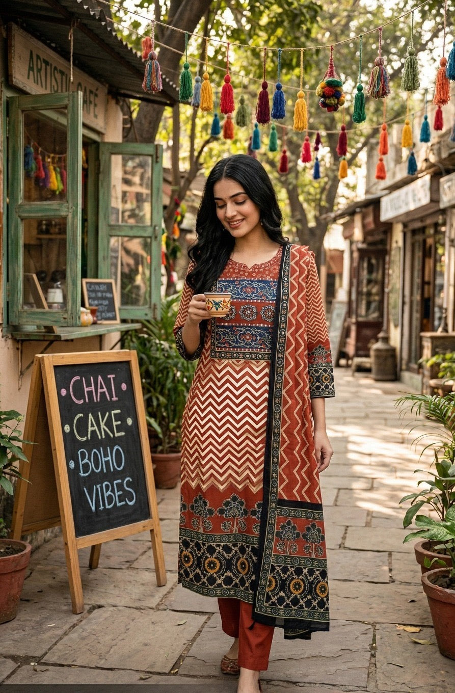 Printed Cotton Kurta Pant Dupatta Set for Women, Rust Ethnic 3 Piece Set