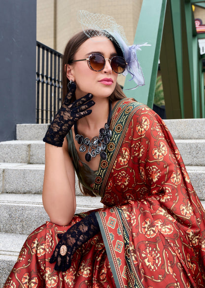 Pure Satin Silk Saree with Ajrakh Print – Festival and Traditional Wear Saree for Women