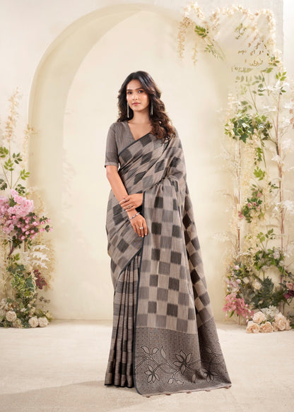 linen silk saree with checked pattern and floral border – lightweight ethnic wear for women