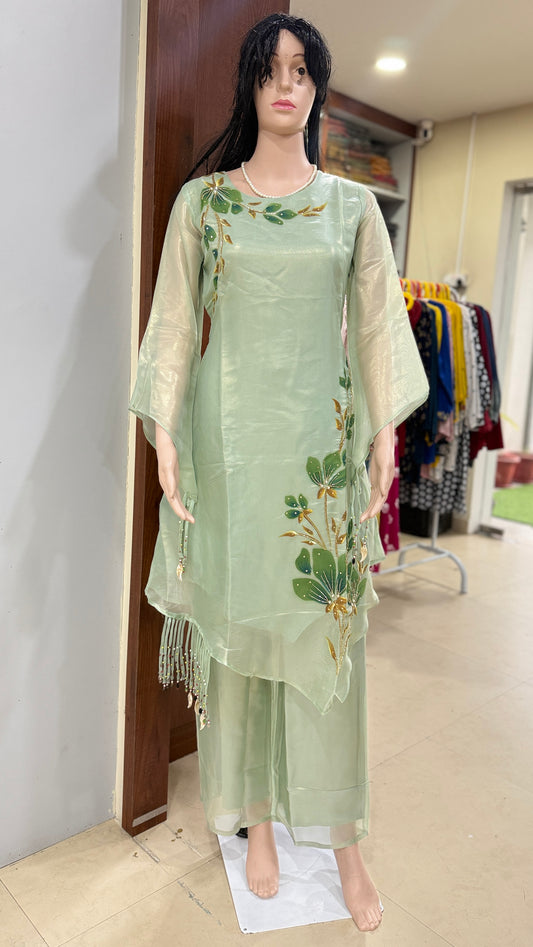 Brush painted shimmer tissue kurta pant set for women, asymmetric kurta with detailing work, sizes 38 to 44