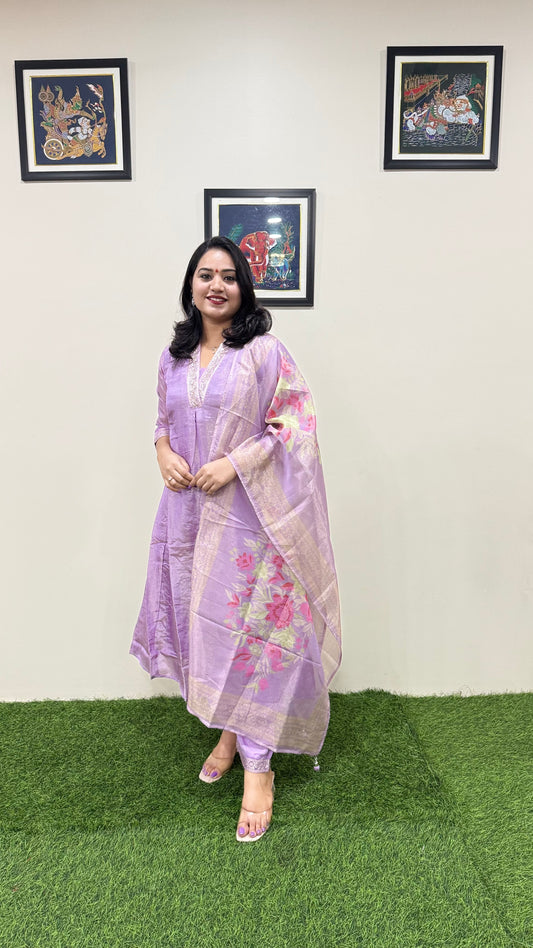 Pure Tissue Kurta Pant Dupatta Set with Intricate Handwork – Sizes L to XXL