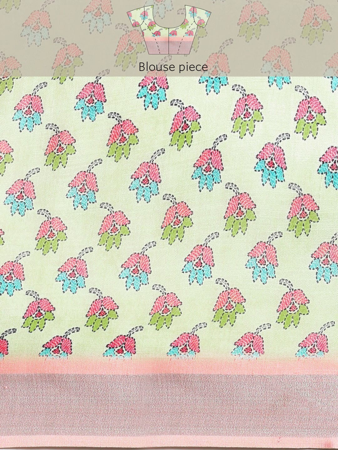 Soft Pure Linen Saree with Floral Print, Kantha Lotus Border, Zari Lining, and Running Blouse