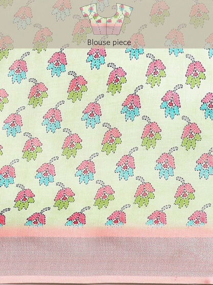 Soft Pure Linen Saree with Floral Print, Kantha Lotus Border, Zari Lining, and Running Blouse