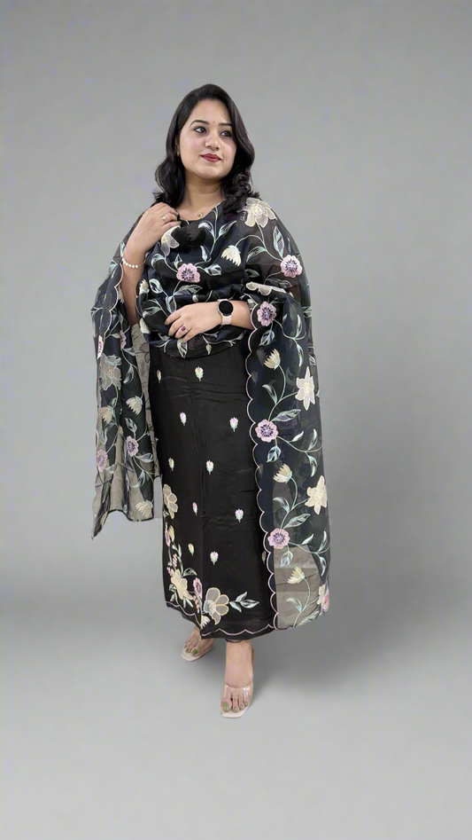 Unstitched Bamber Silk Suit with Resham Embroidery, 3D Patch Appliqué and Organza Dupatta