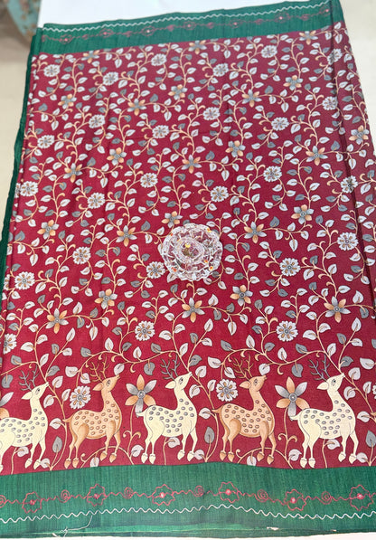 Victoria Cotton Silk Saree with Deer and Floral Print – Lightweight Traditional Cotton Silk Saree for Women