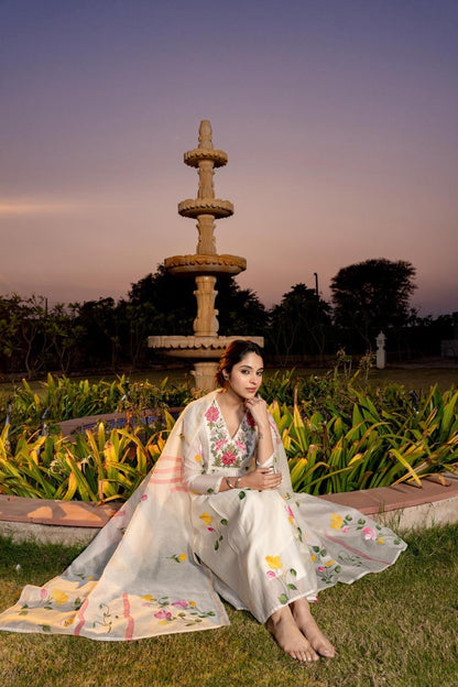 Mal Chanderi Anarkali Kurti Pant Dupatta Set with Embroidery and Hand-Painted Digital Design for Women