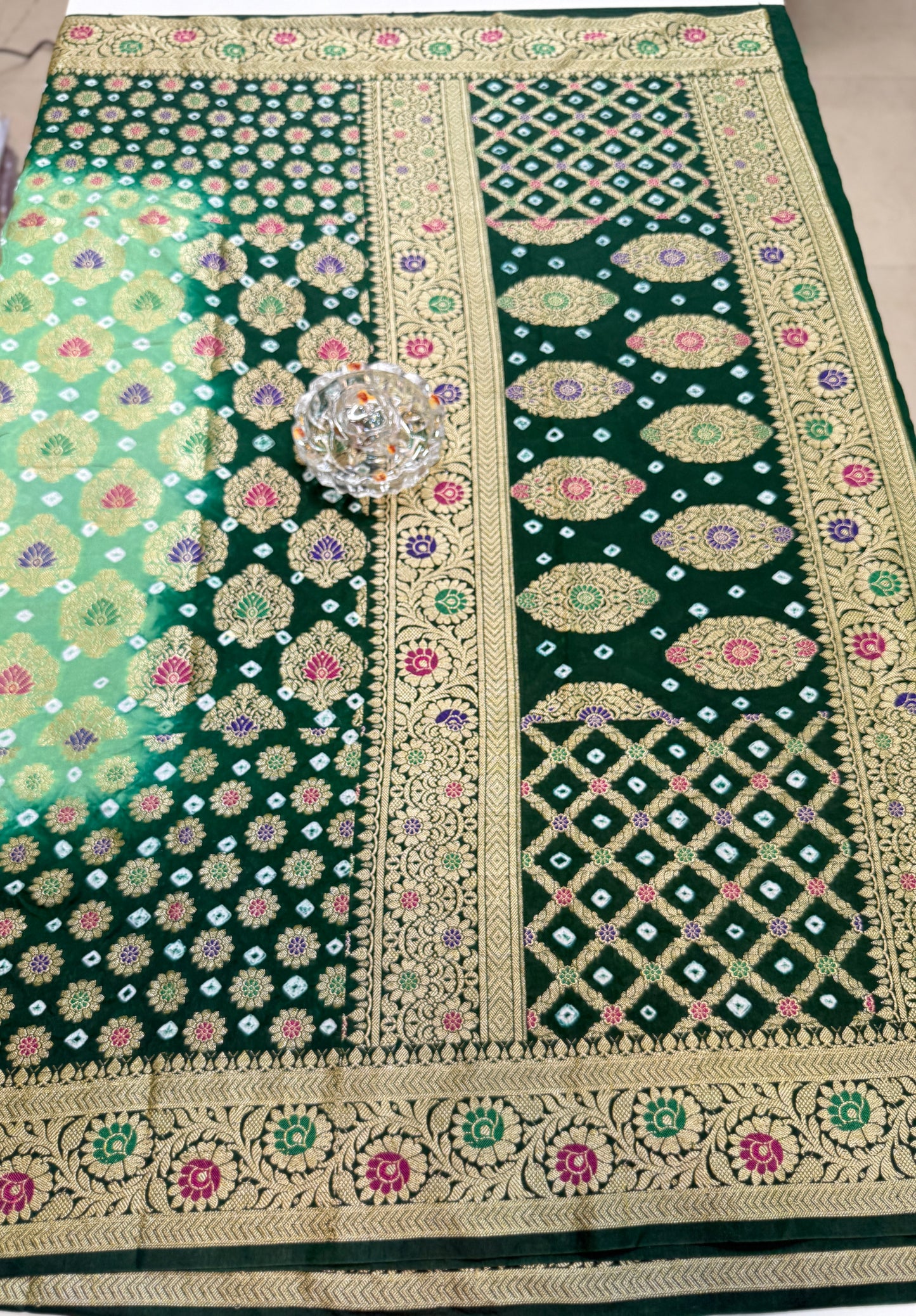 Banarasi dupiyan bandhani saree with semi-weaving neemjari work and hand chunri craftsmanship
