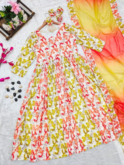 Orange Yellow Muslin Flared Dress for Women with Lining – Festive Wear – Sizes M to XXL