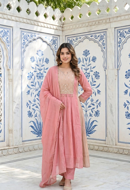 Mul Chanderi Handwork Kurta Pant Dupatta Set for Women with Lining, Pink