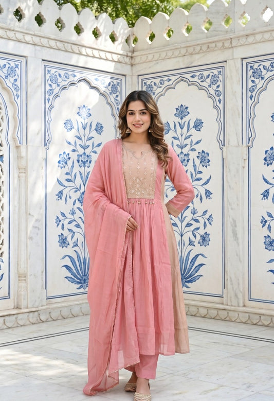 Mul Chanderi Handwork Kurta Pant Dupatta Set for Women with Lining, Pink