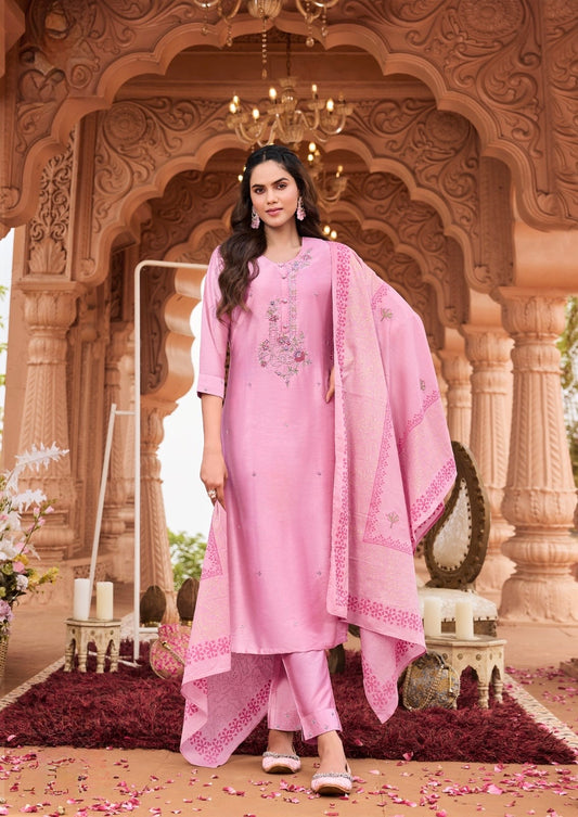 Viscose Nylon Kurti with Pant & Chanderi Block Print Dupatta – Aari Work – Sizes 2XL to 5XL