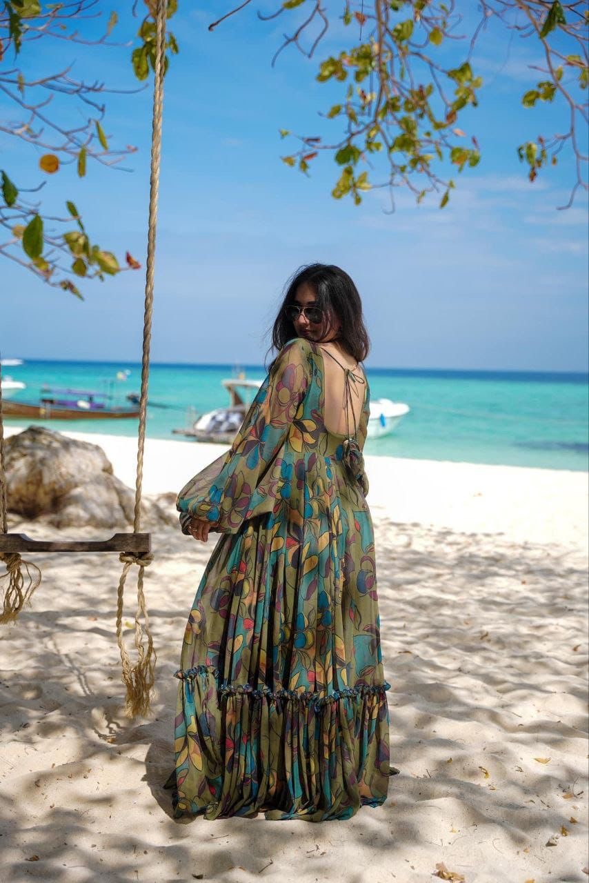 Women’s Floral Fox Georgette Maxi Dress with Frills – Sizes S to XXXL