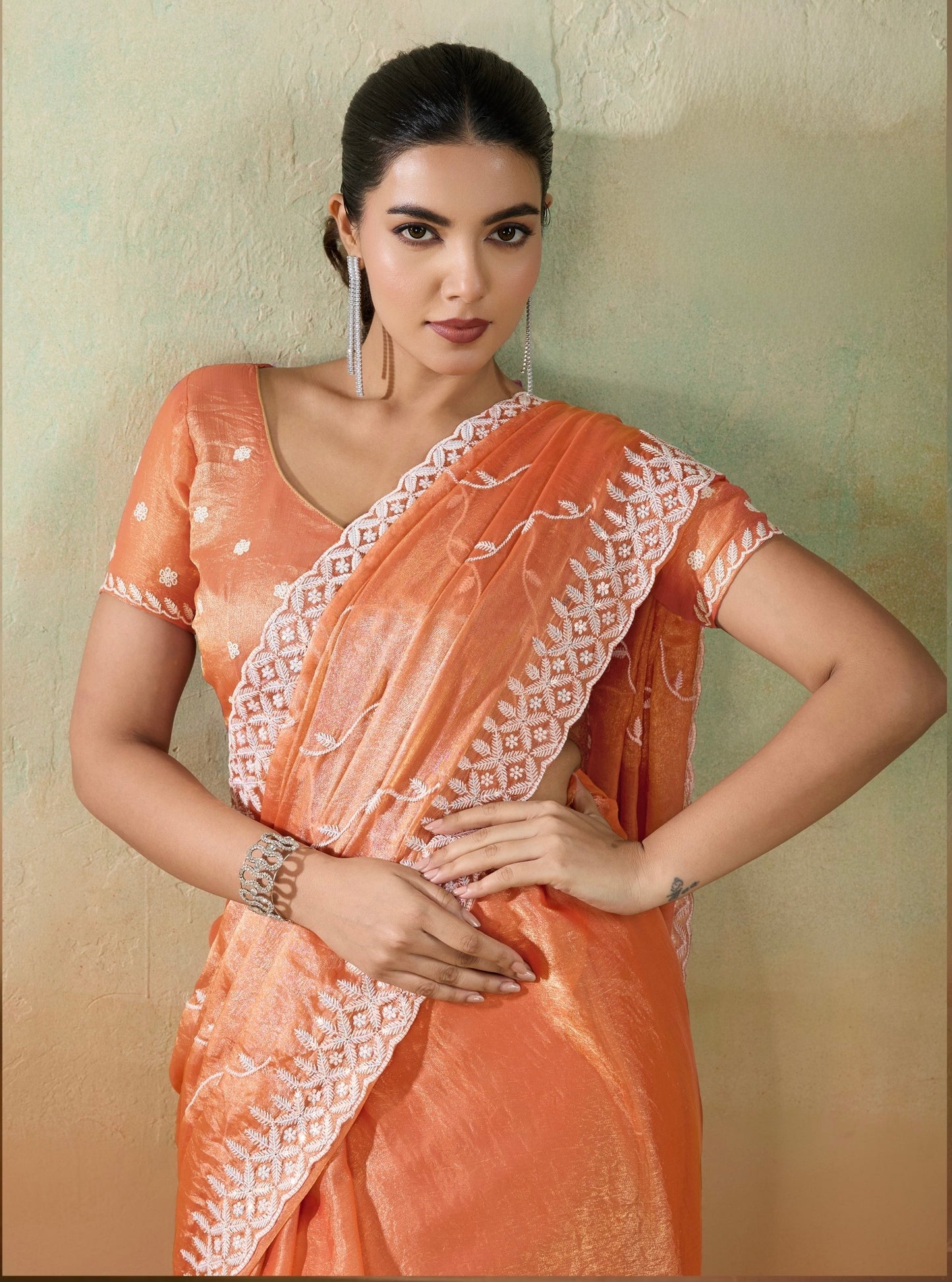 Velvet Chiffon Saree with Sequins Embroidery and Leheriya Flow for Women