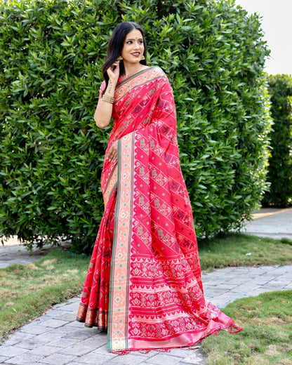 Ikkat Patola Silk Saree with Contrast Zari Weaving and Kanchi Borders – Festive Wear