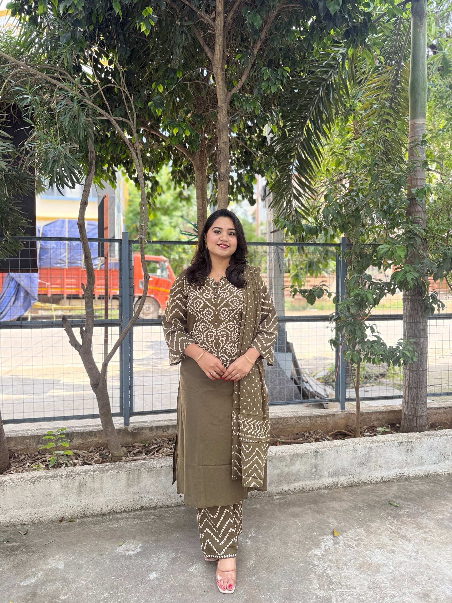 Cotton Printed Kurta Pant Dupatta Set with Mirror & Thread Work, Cowrie Detailing – Sizes 38–46