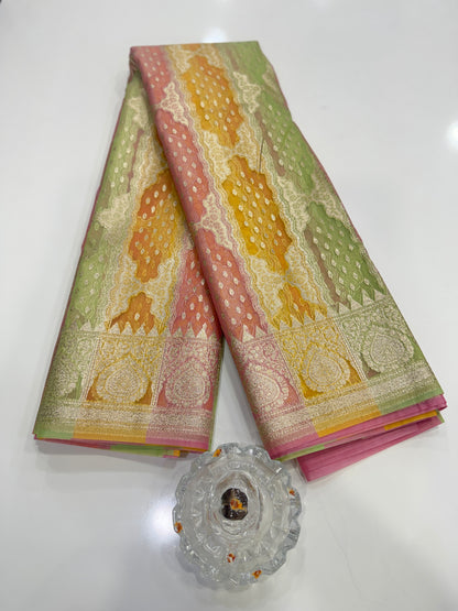Banarasi handloom kora organza rankaat saree with allover zari stripe weaving and blouse piece