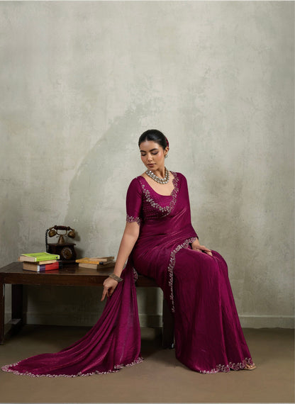 Velvet Chiffon Saree with Dual Tone Zarkan Work and Designer Blouse – Partywear Saree for Women
