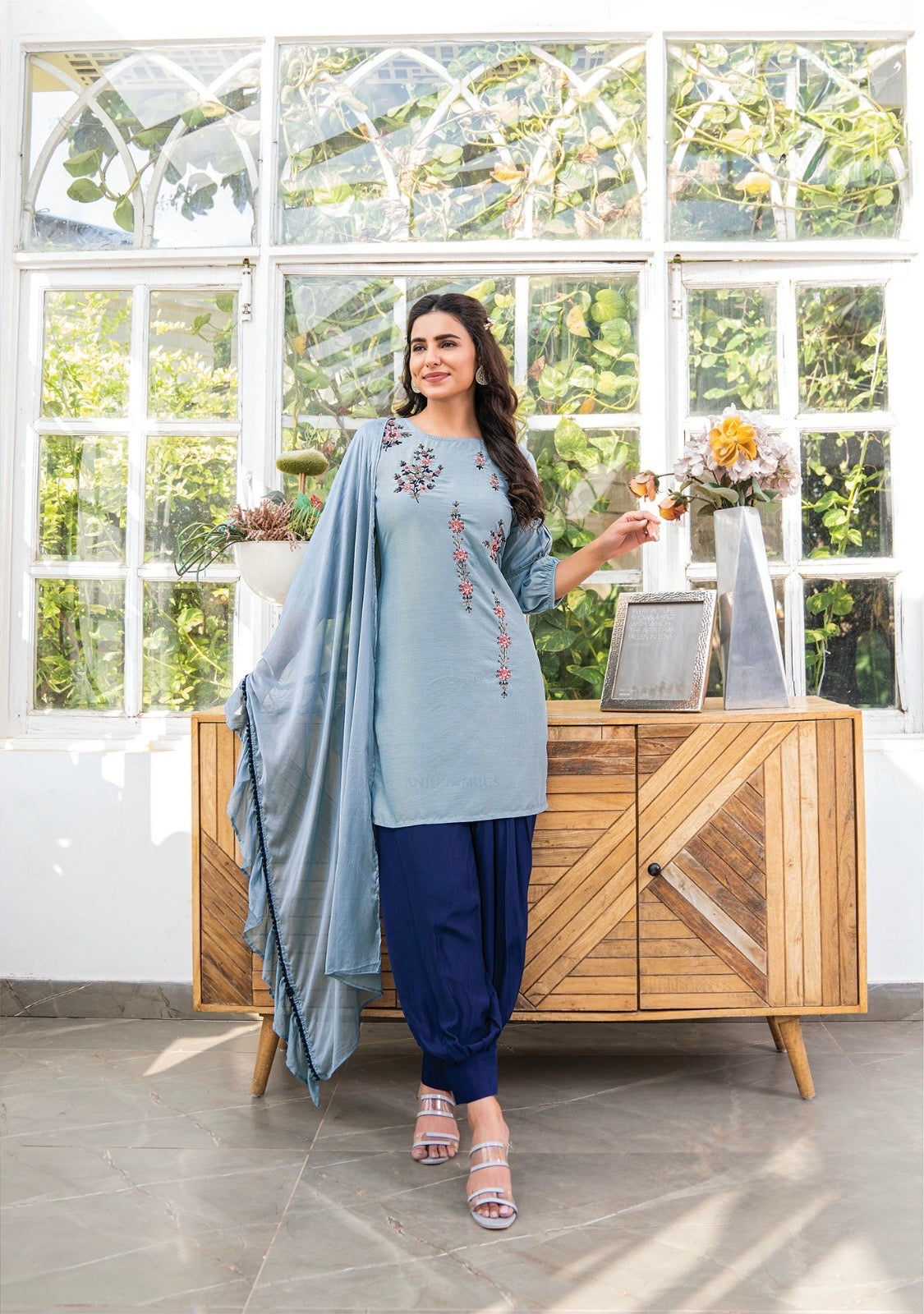 Bamber Silk Kurti Afghani Pant Dupatta Set with Embroidery and Chinon Chiffon Dupatta – Sizes L to 3XL