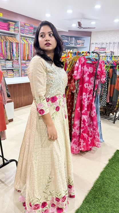 Real Chinon Silk Embroidered Ethnic Gown with Cancan and Tassel Detailing – Free Size Stitched