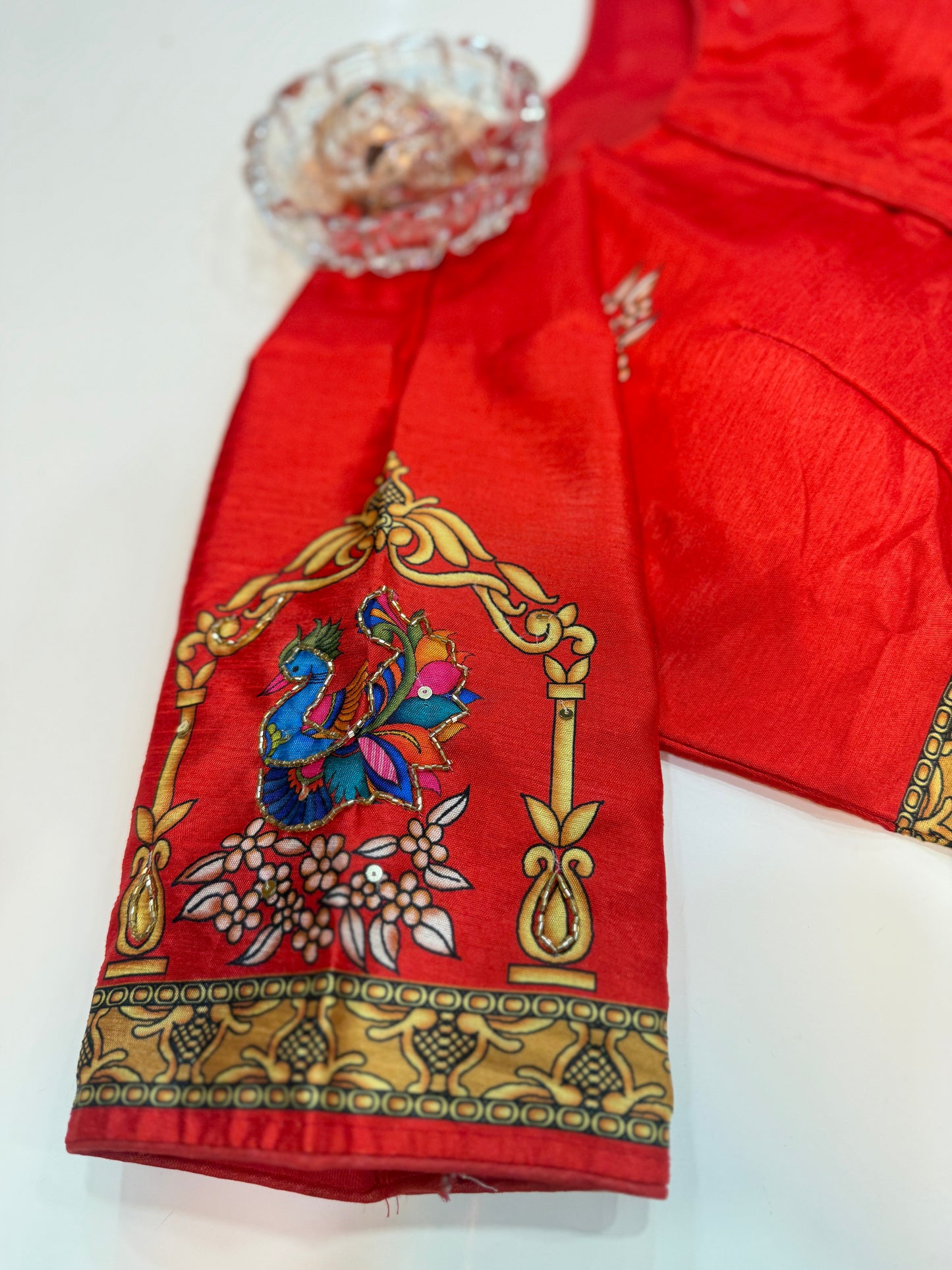 Silk printed readymade blouse for women with antique handcrafted work, size 38–42, short sleeve, saree blouse