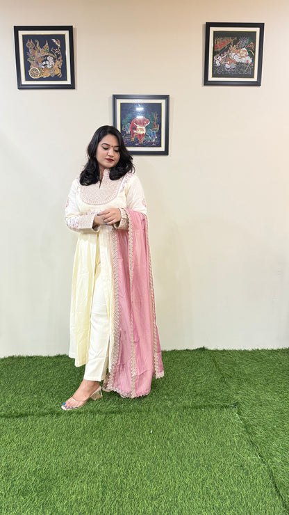 Pure Real Silk Ethnic 3-Piece Set with Embroidered Tissue or Organza Dupatta – Free Size Stitched