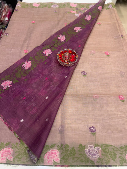 Tissue chanderi saree with floral border and tassel pallu, pastel printed saree for women