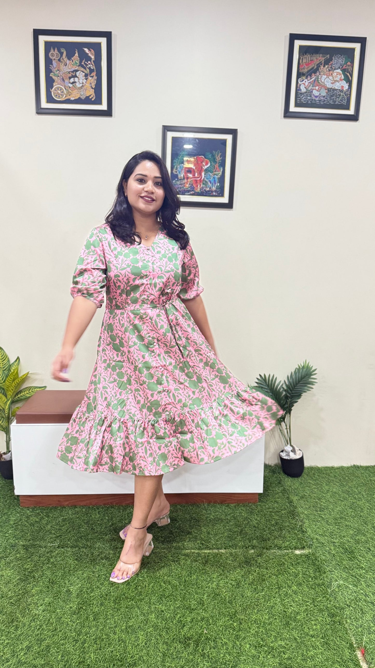 Satin Digital Floral Printed A-Line Midi Dress – Women’s Casual & Semi-Formal Wear (L to 2XL)