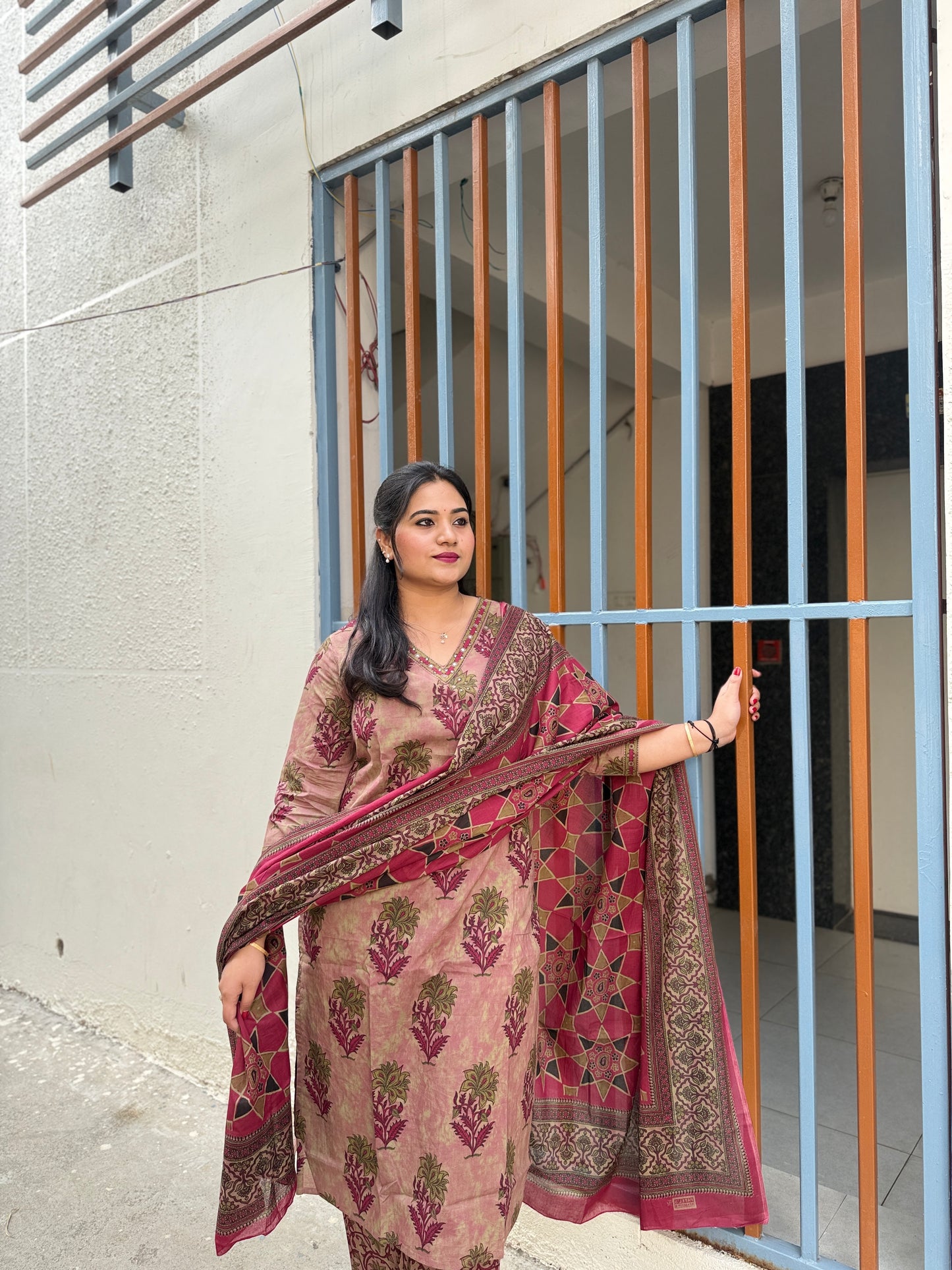 Cotton Printed Kurta Pant Dupatta Set for Women – Traditional Floral Design – Sizes 38–46