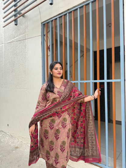 Cotton Printed Kurta Pant Dupatta Set for Women – Traditional Floral Design – Sizes 38–46