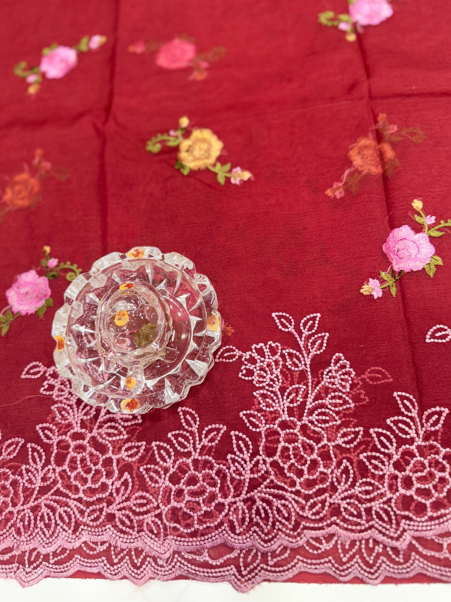 Kora Banarasi Saree with Floral Embroidery and Woven Border – Lightweight Festive Wear