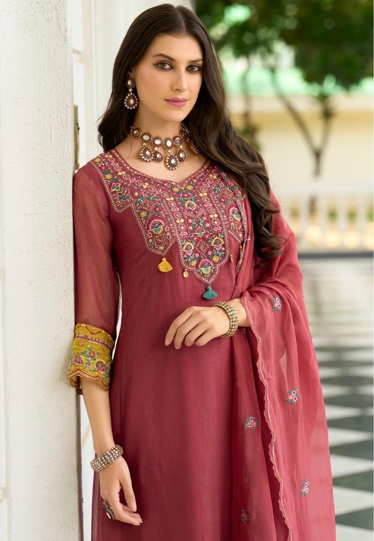 Organza Crush 3-Piece Suit Set with Embroidery, Handwork and Muslin Inner for Women