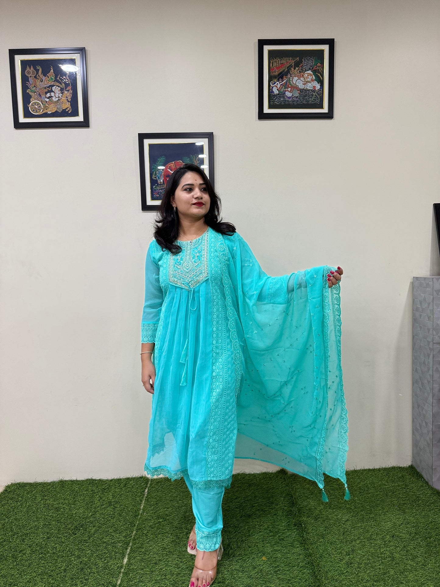 Women’s Georgette Embroidered Suit Set with Mirror Work Neck and Lace Border Pant – L to 3XL