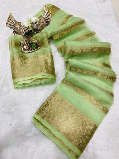 Kanchipuram Organza Jacquard Full Worked Saree with Raw Silk Organza Running Blouse