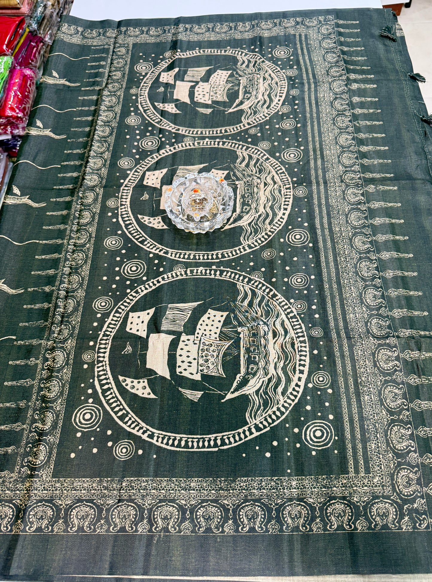 Semi Tussar Silk Saree with Ethnic Print Border and Tassel Pallu, Sea & Ships Print