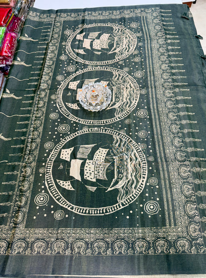 Semi Tussar Silk Saree with Ethnic Print Border and Tassel Pallu, Sea & Ships Print