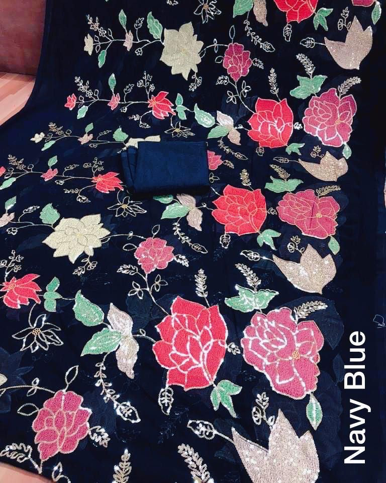 Soft Georgette Party Wear Saree with Colorful Thread Embroidery and Sequence Work for Women